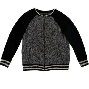 American Eagle Black Gray Zip Bomber Sweater Jacket Striped Sleeves Size M Cozy
